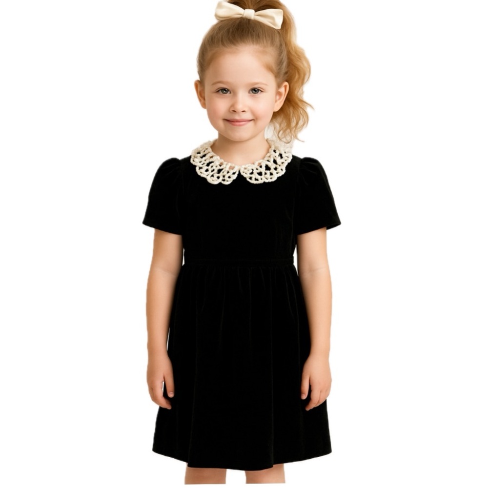 Amy Too, Vintage Elegant Black Velvet Kids Dress with Lace Collar, Size 7